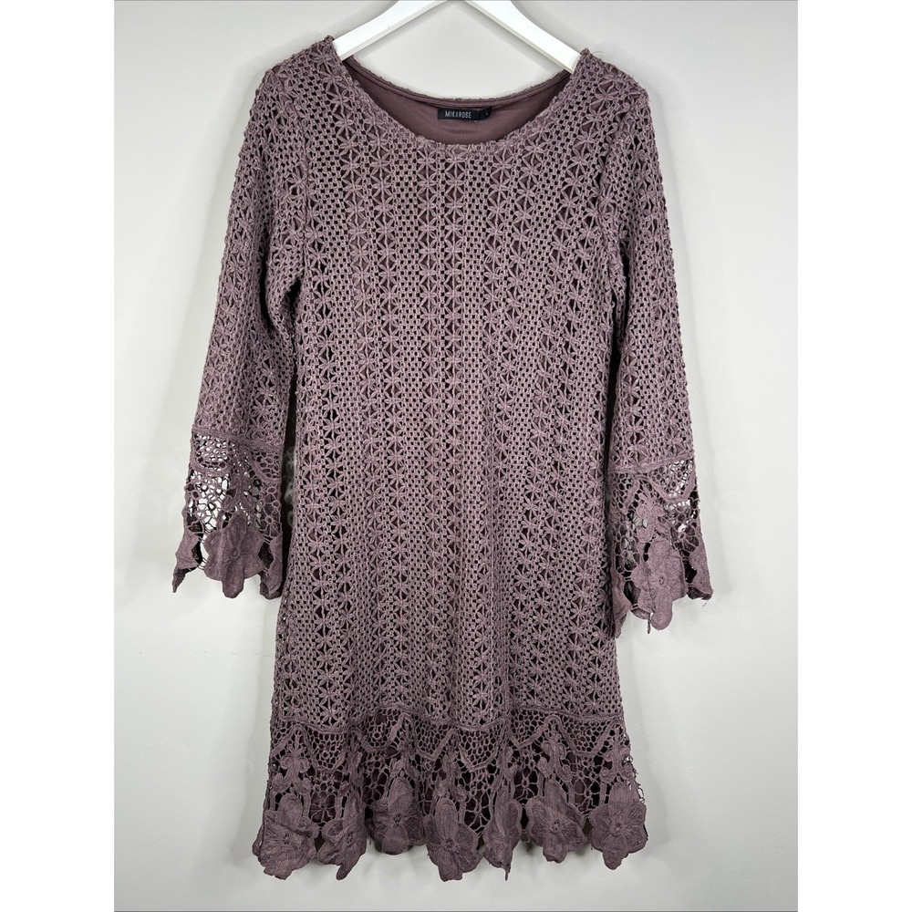 Mikarose Crochet Lace Long Bell Sleeve Dress Plum‎ Womens L Boho Fairy Witchy